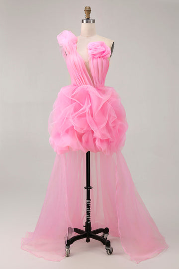 Hot Pink A Line One Shoulder Ruffled Short Party Dress